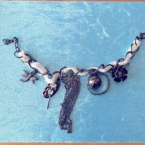 Bracelet 8”Faux Silver Charm (5) white Ribbon Costume Jewelry Adjusts